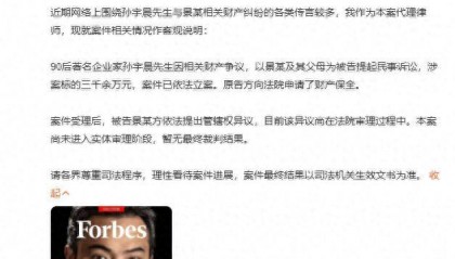 币圈大佬孙宇晨起诉演员景甜，代理律师回应：是真的，起诉书内容未提及代孕，3000多万元财产纠纷是彩礼